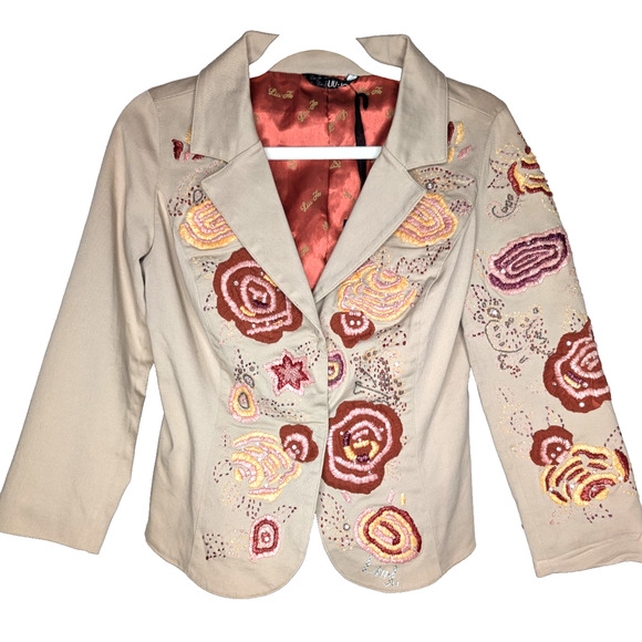 Liu Jo Y2K Boho Floral Embroidered Beaded Sequin Artsy Whimsical Khaki Jacket 10 - Picture 1 of 9
